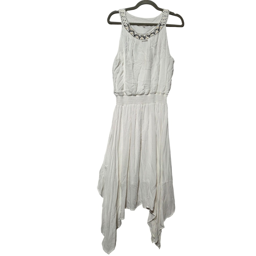 Halo Women White Gauze Handkerchief Hem Beaded Neck Midi Dress Large Boho Beach